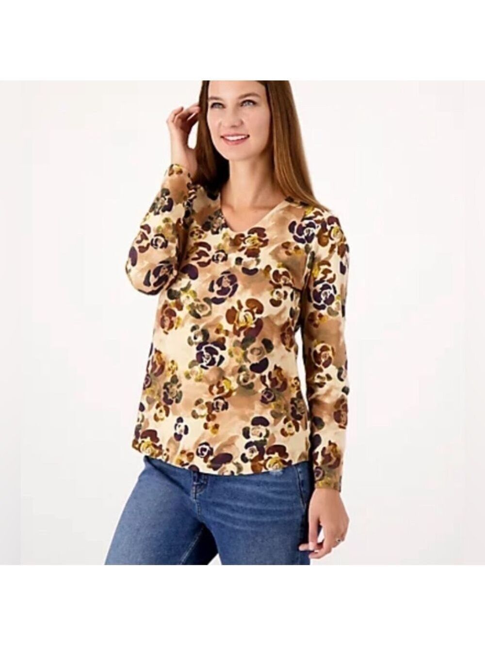 Denim & Co. Printed Perfect Jersey V-Neck Curved Hem Top Beige 5X NWOT